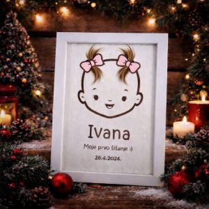 Okvir za prvo šišanje djevojčice s imenom i datumom – emotivan poklon za rođenje ili krštenje.
