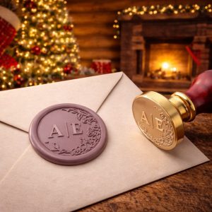 Pečat za vosak s inicijalima i polukružnim vijencem od listića – tražite elegantan detalj za vjenčane pozivnice?