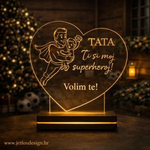 Personalizirana LED lampa u obliku srca s ilustracijom tate superheroja i porukom za oca – tražiš li poseban poklon za Dan očeva?