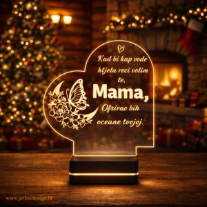 Personalizirana LED lampa u obliku srca s porukom za mamu i motivom leptira i cvijeća, toplo osvijetljena u blagdanskom ambijentu – tražiš li poseban poklon za mamu koji govori umjesto tebe?