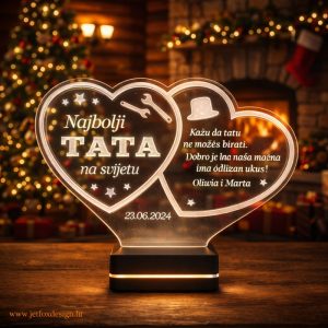 Personalizirana LED lampa u obliku dva srca s natpisom Najbolji tata na svijetu i imenima djece – tražiš li poklon za tatu koji će ga iskreno razveseliti?
