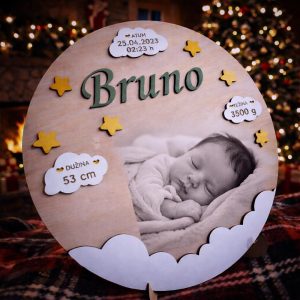 Personalizirana uspomena na rođenje dječaka s imenom, datumom, težinom i fotografijom – tražite poseban poklon za roditelje?
