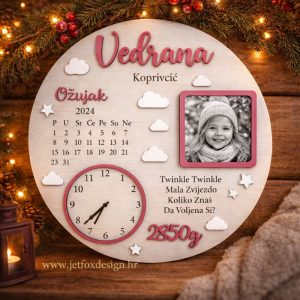 Personalizirana uspomena na rođenje djevojčice s imenom, kalendarom i fotografijom – želite sačuvati sve podatke o rođenju na jednom mjestu?