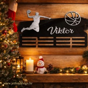 Personalizirani držač za medalje s imenom Viktor i siluetom košarkaša – tražite savršen poklon za mladog sportaša koji skuplja medalje?