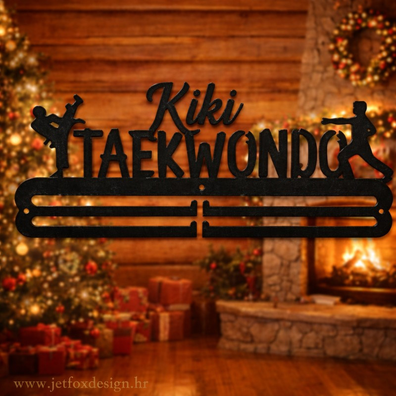 Personalizirani držač za medalje Taekwondo s imenom i siluetama boraca – tražite li način da medalje mladog borca budu ponosno izložene?