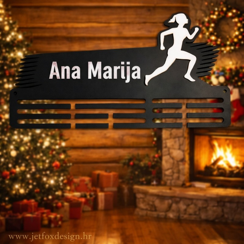 Personalizirani držač za medalje s imenom i siluetom trkačice – tražite li poseban način da izložite medalje mlade atletičarke?