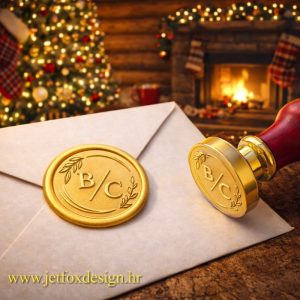 Personalizirani pečat za vosak s inicijalima i maslinovom grančicom na zlatnom otisku – želite elegantan detalj za pozivnice ili posebne prilike?