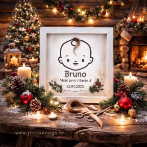 Personalizirani poklon za prvo šišanje dječaka – uspomena s imenom koja čuva prvi pramen kose zauvijek.