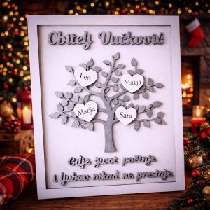Personalizirani obiteljski okvir sa stablom i imenima u srcima – jedinstven poklon za obitelj.