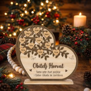 Što pokloniti cijeloj obitelji? Obiteljsko stablo u obliku srca sa srcima s imenima članova, prezimenom i posvetom po želji
