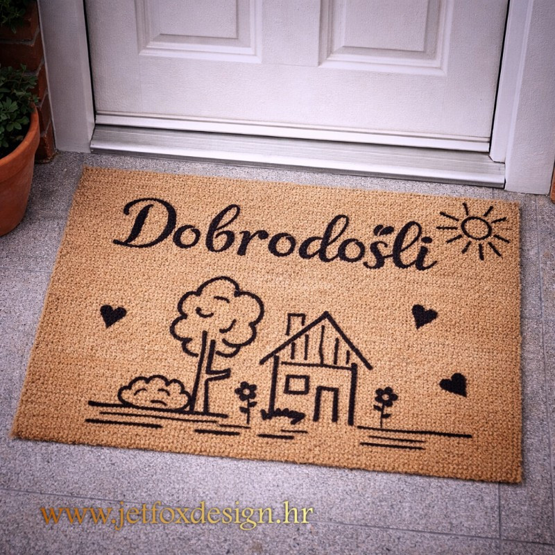 Tražite otirač Dobrodošli za svoj dom? Kokosov ulazni otirač s motivom kućice, drveta i natpisom Dobrodošli unosi toplinu u svaki ulaz.