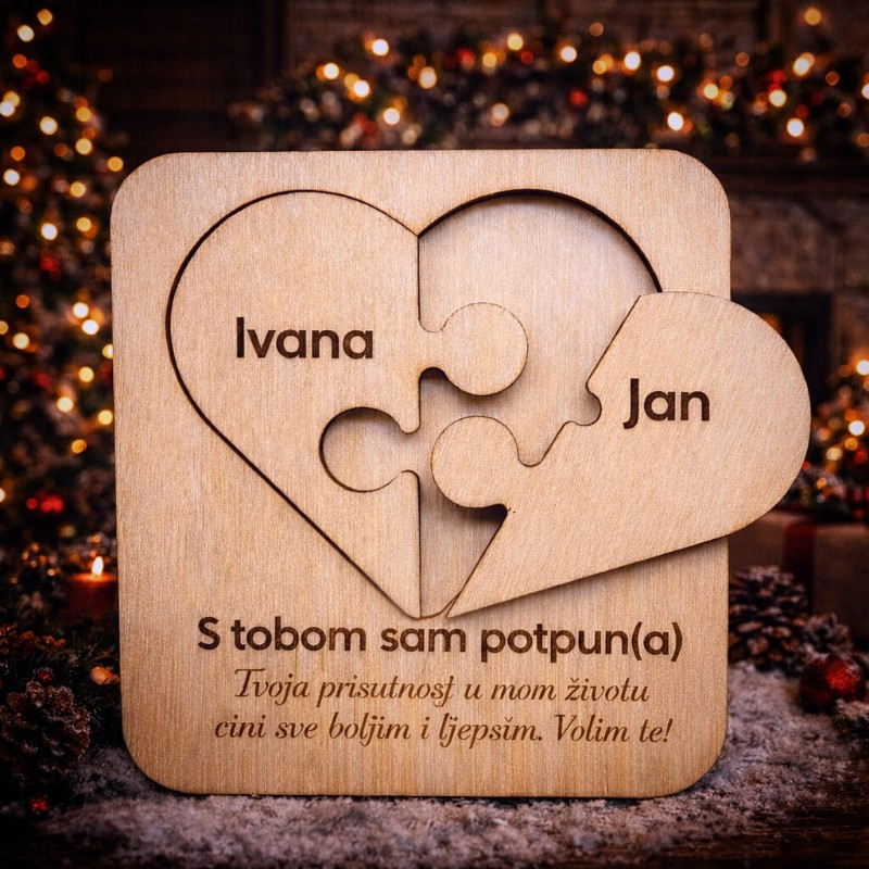 Tražite originalan poklon za voljenu osobu? Personalizirana drvena slagalica u obliku srca s imenima partnera.