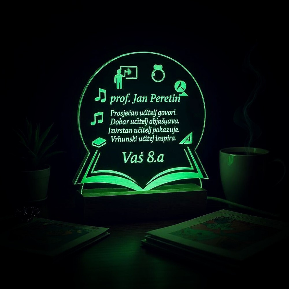 Tražite originalan poklon za učitelja? Personalizirana LED lampa u obliku knjige s posvetom i imenom.