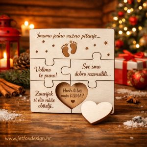 Tražite originalan način da pitate kumu? Personalizirana drvena puzzle pitalica sa srcem i tekstom po želji.