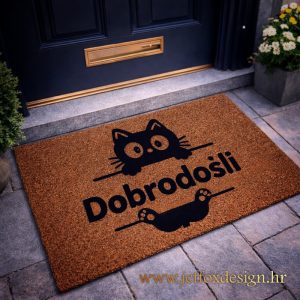 Tražite personalizirani otirač s mačkom? Kokosov otirač s motivom znatiželjne mačke i natpisom Dobrodošli za ulaz u dom.