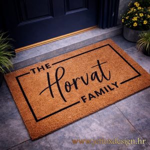 Tražite personalizirani otirač s prezimenom? Moderan otirač s natpisom The Family i prezimenom po želji za ulaz u dom.