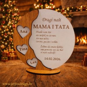 Što pokloniti mami i tati? Obiteljska dekoracija s imenima djece u srcima, datumom i zahvalnom posvetom roditeljima.