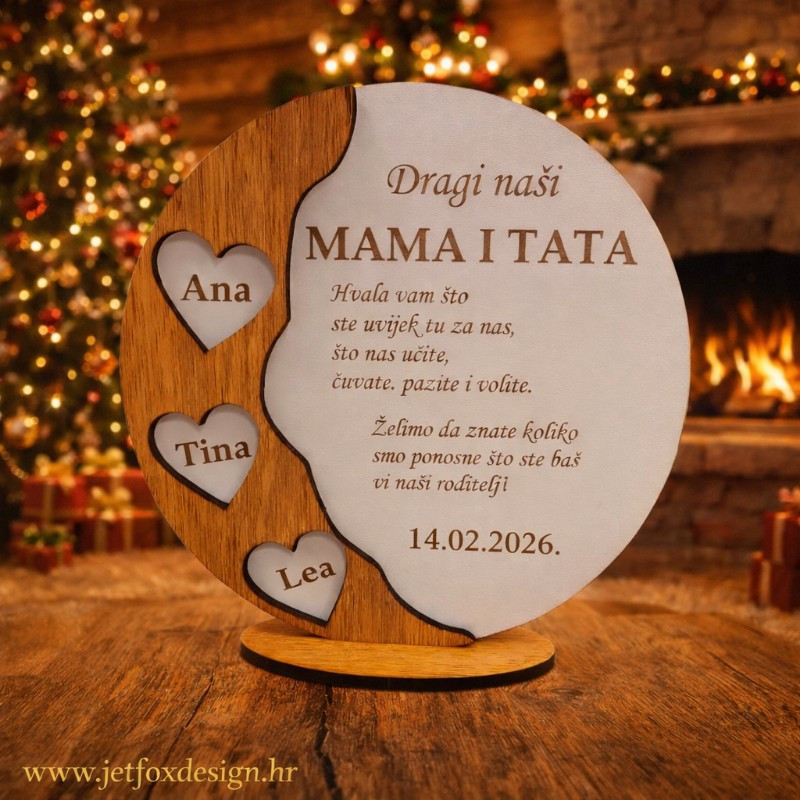 Što pokloniti mami i tati? Obiteljska dekoracija s imenima djece u srcima, datumom i zahvalnom posvetom roditeljima.