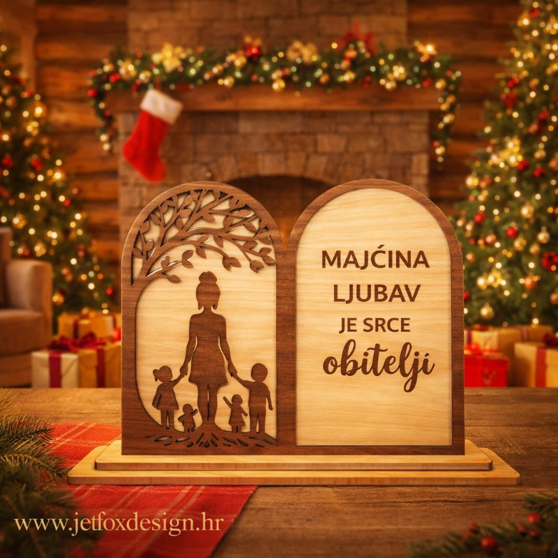 Što pokloniti mami od djece? Obiteljska dekoracija s motivom majke i djece ispod stabla te emotivnom posvetom o majčinoj ljubavi.