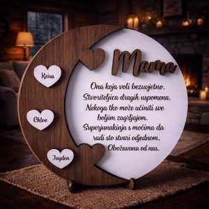 Što pokloniti mami za rođendan? Dekoracija s posvetom, srcima s imenima djece i motivom puzzle kao simbolom obitelji.