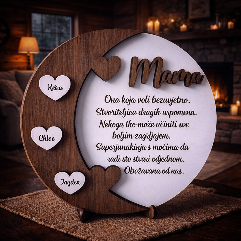 Što pokloniti mami za rođendan? Dekoracija s posvetom, srcima s imenima djece i motivom puzzle kao simbolom obitelji.