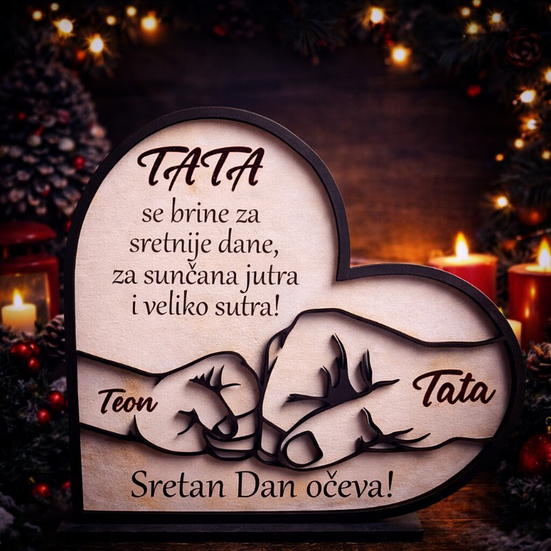 Što pokloniti za Dan očeva? Dekoracija u obliku srca s motivom ruke oca i djeteta, imenom i posvetom po želji.